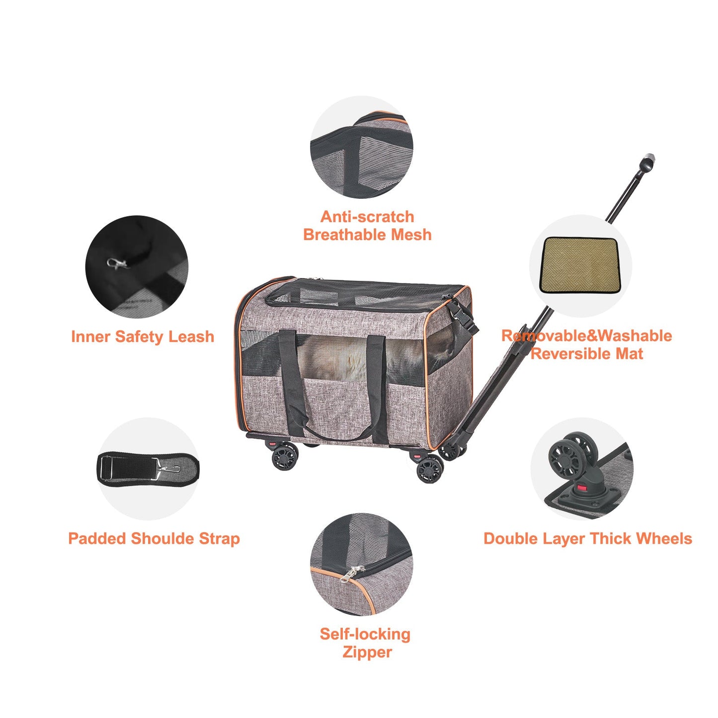 VEVOR Cat Carrier With Wheels, Airline Approved Rolling Pet Carrier With Telescopic Handle And Shoulder Strap, Dog Carrier With Wheels For Pets Under 22 Lbs, With 1 Folding Bowl, Grey - Mijn winkel