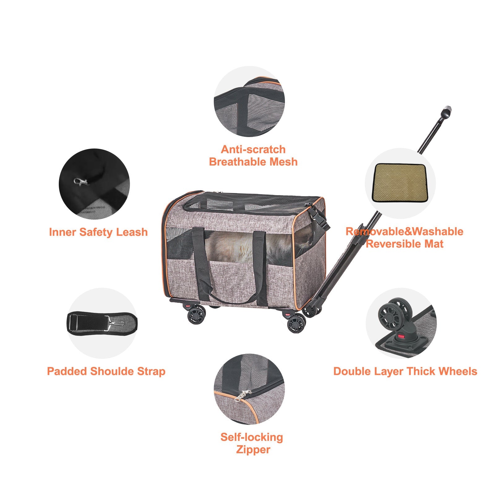 VEVOR Cat Carrier With Wheels, Airline Approved Rolling Pet Carrier With Telescopic Handle And Shoulder Strap, Dog Carrier With Wheels For Pets Under 22 Lbs, With 1 Folding Bowl, Grey - Mijn winkel