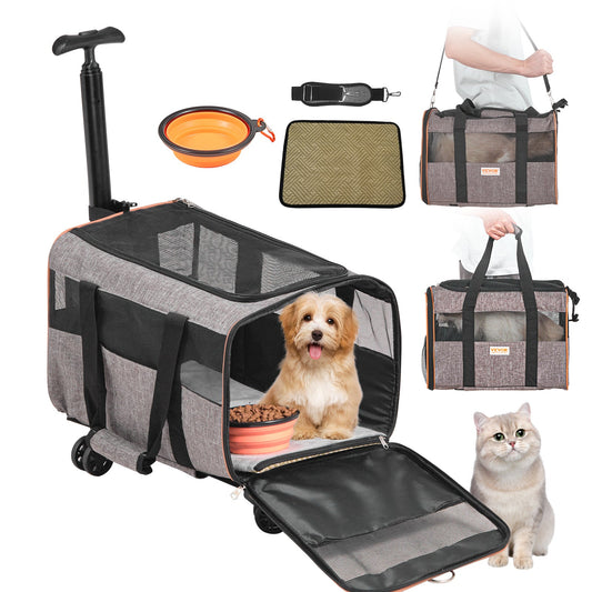 VEVOR Cat Carrier With Wheels, Airline Approved Rolling Pet Carrier With Telescopic Handle And Shoulder Strap, Dog Carrier With Wheels For Pets Under 22 Lbs, With 1 Folding Bowl, Grey - Mijn winkel