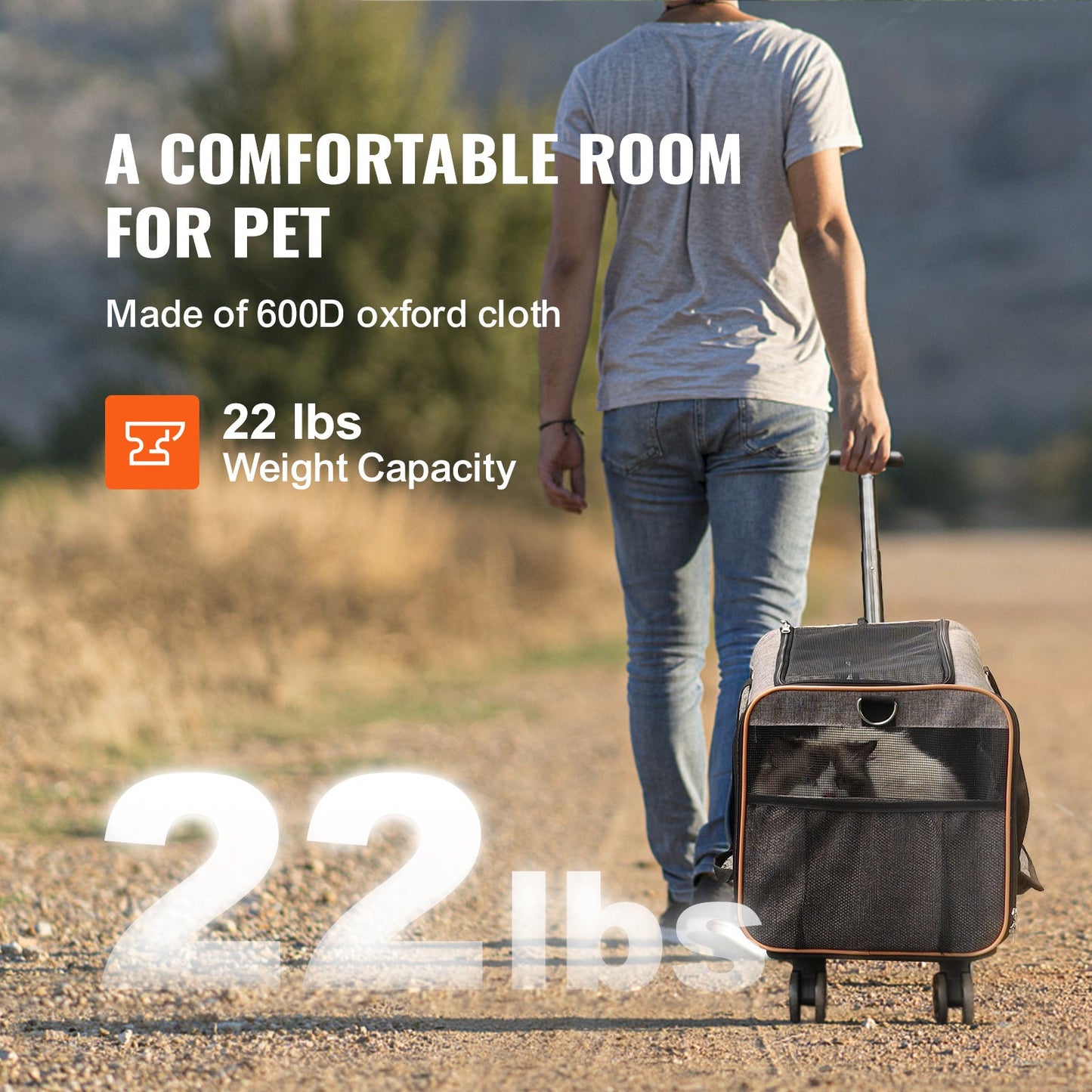 VEVOR Cat Carrier With Wheels, Airline Approved Rolling Pet Carrier With Telescopic Handle And Shoulder Strap, Dog Carrier With Wheels For Pets Under 22 Lbs, With 1 Folding Bowl, Grey - Mijn winkel