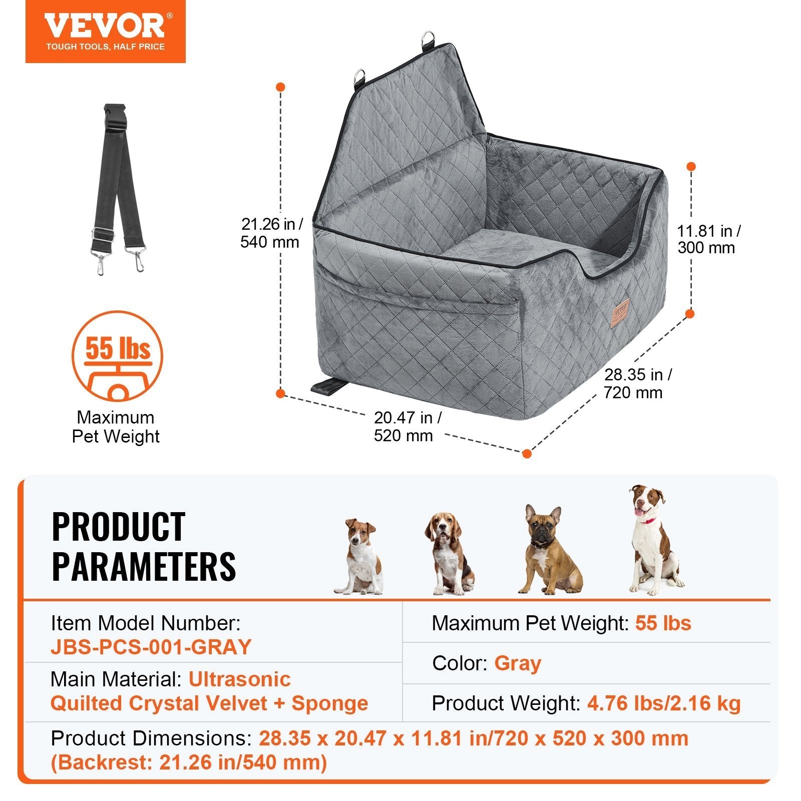 VEVOR Dog Booster Car Seat Pet Car Seat For Medium Large Dog Up To 55 Lbs Gray - Mijn winkel