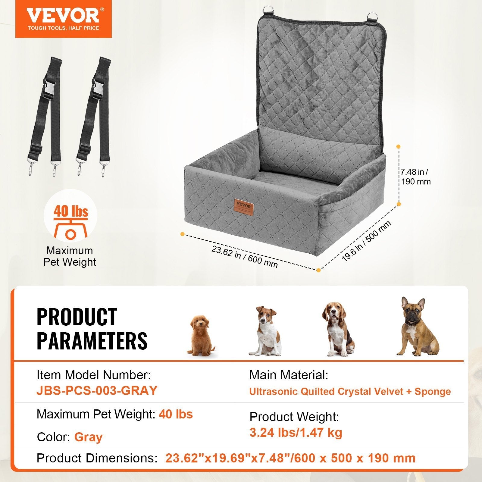 VEVOR Dog Booster Car Seat Pet Car Seat For Small Medium Dog Up To 40 Lbs Gray - Mijn winkel
