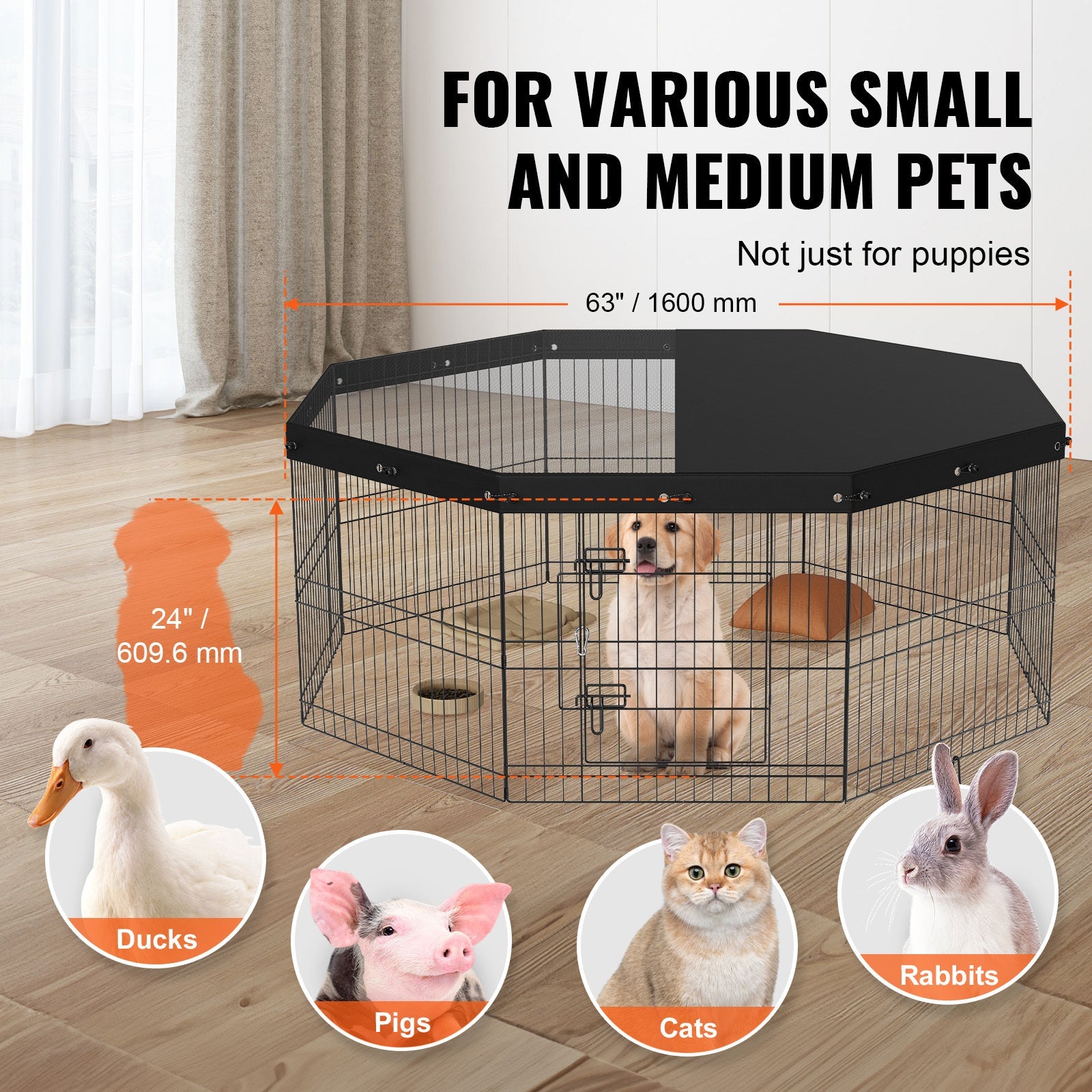 VEVOR Dog Playpen, 8 Panels Foldable Metal Dog Exercise Pen With Top Cover, 24inch H Pet Fence Puppy Crate Kennel With Ground Stakes, Indoor Outdoor Dog Pen For Small Medium Pets, For Camping, Yard - Mijn winkel
