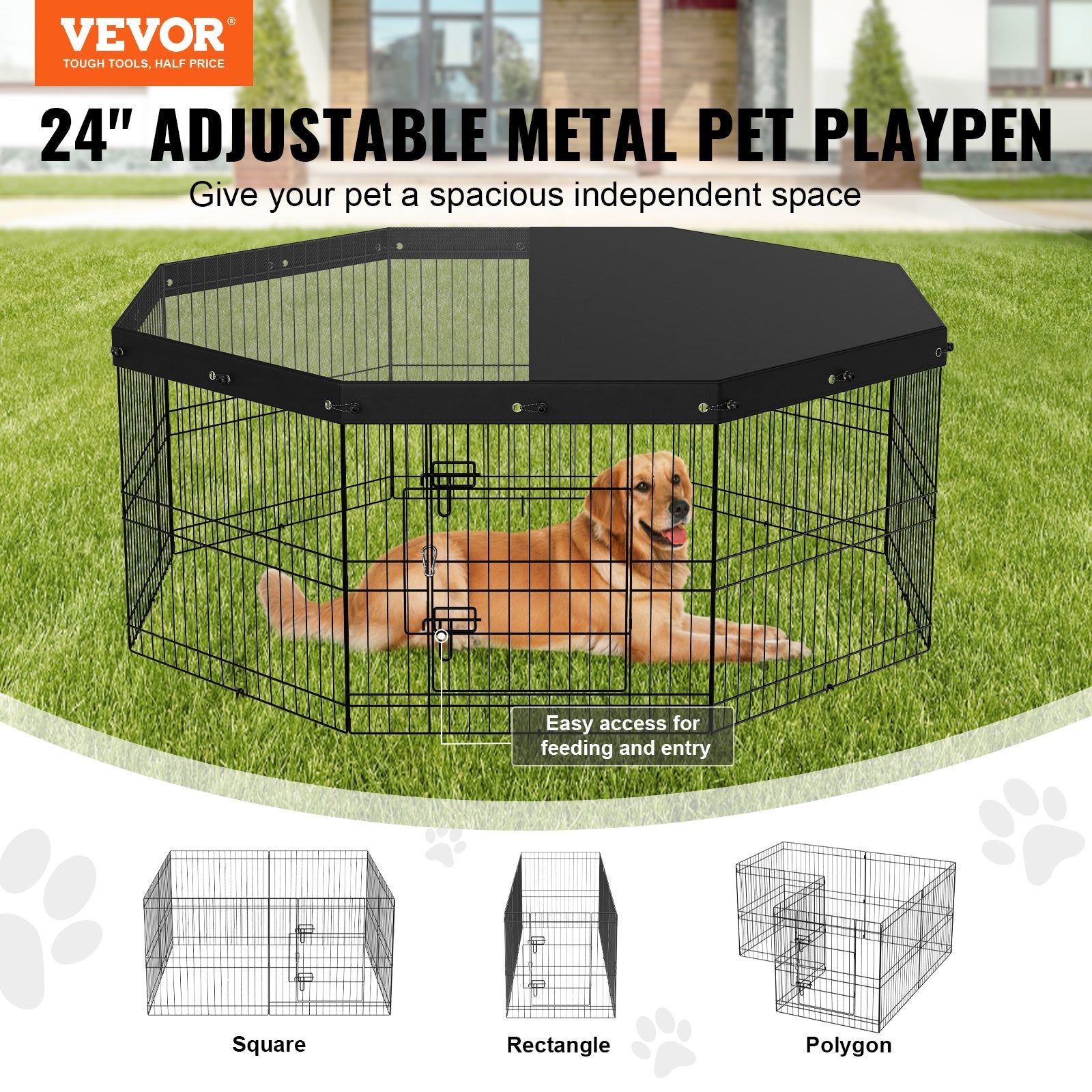 VEVOR Dog Playpen, 8 Panels Foldable Metal Dog Exercise Pen With Top Cover, 24inch H Pet Fence Puppy Crate Kennel With Ground Stakes, Indoor Outdoor Dog Pen For Small Medium Pets, For Camping, Yard - Mijn winkel