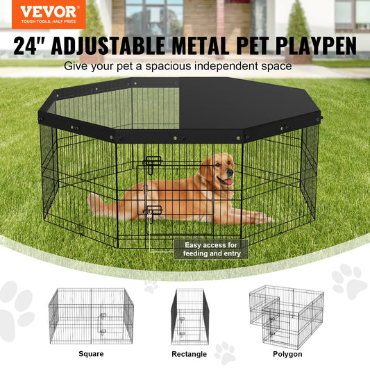 VEVOR Dog Playpen, 8 Panels Foldable Metal Dog Exercise Pen With Top Cover, 24inch H Pet Fence Puppy Crate Kennel With Ground Stakes, Indoor Outdoor Dog Pen For Small Medium Pets, For Camping, Yard - Mijn winkel