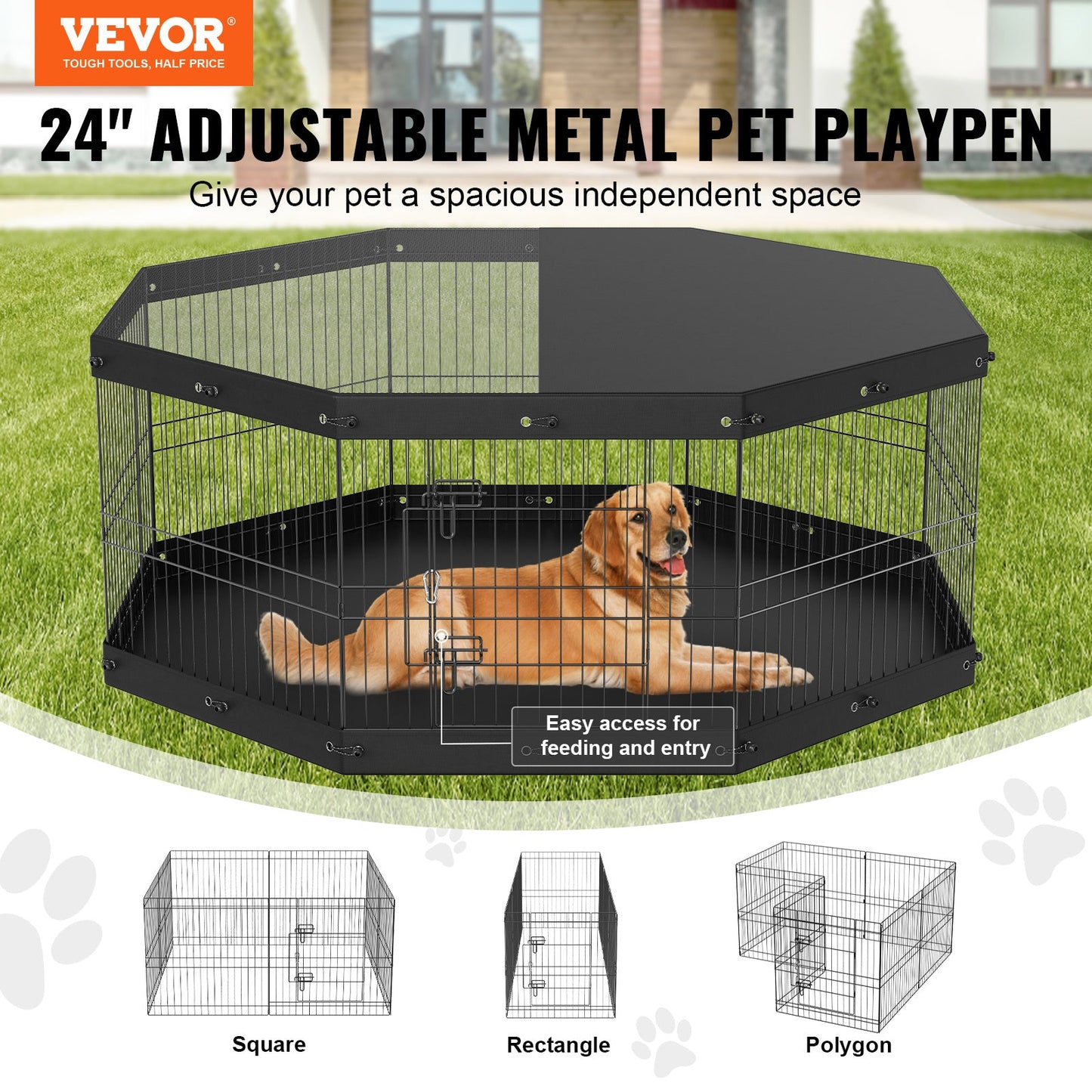VEVOR Dog Playpen, 8 Panels Foldable Metal Dog Exercise Pen With Top Cover And Bottom Pad, 24in H Pet Fence Puppy Crate Kennel, Indoor Outdoor Dog Pen For Small Medium Pets, For Camping, Yard - Mijn winkel