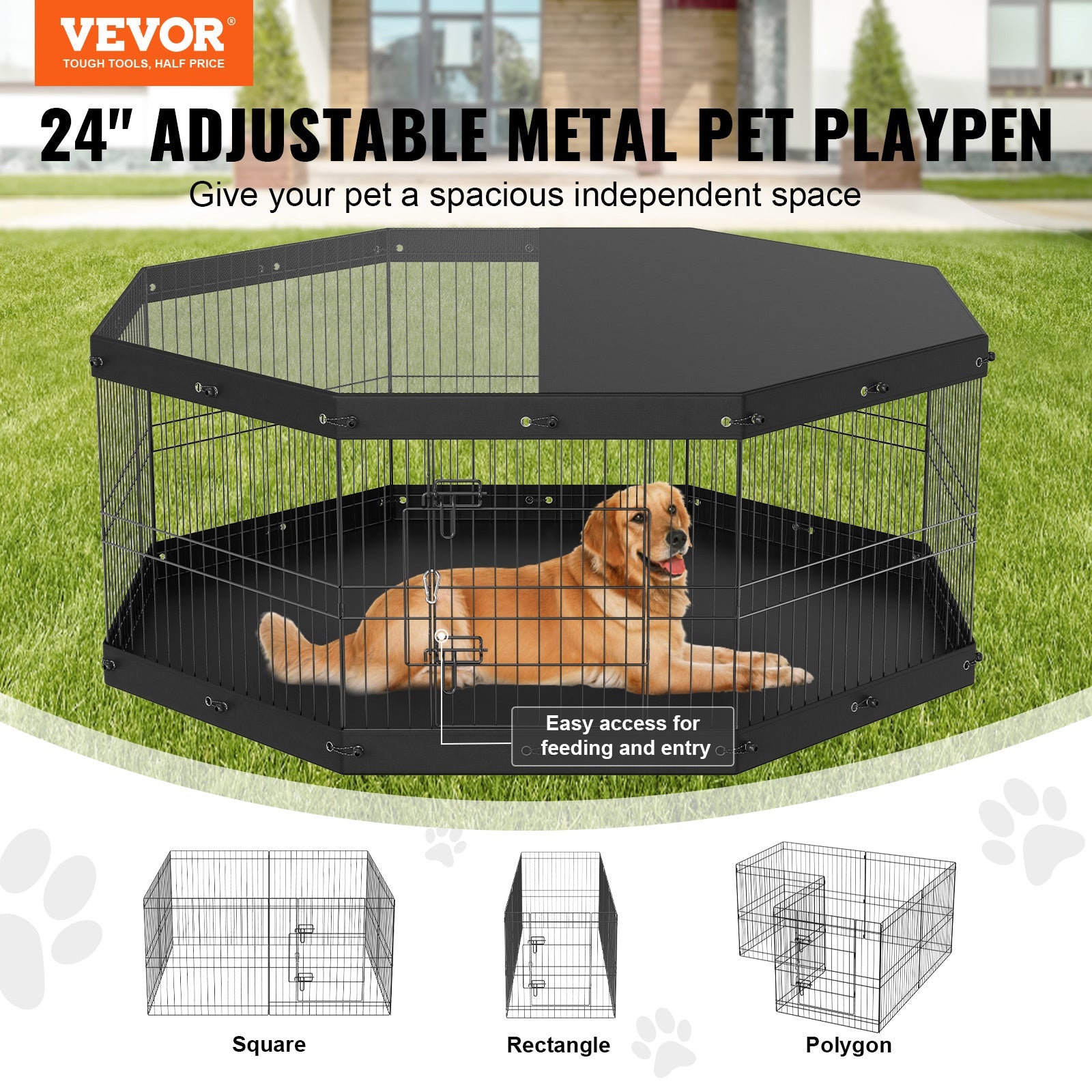VEVOR Dog Playpen, 8 Panels Foldable Metal Dog Exercise Pen With Top Cover And Bottom Pad, 24in H Pet Fence Puppy Crate Kennel, Indoor Outdoor Dog Pen For Small Medium Pets, For Camping, Yard - Mijn winkel