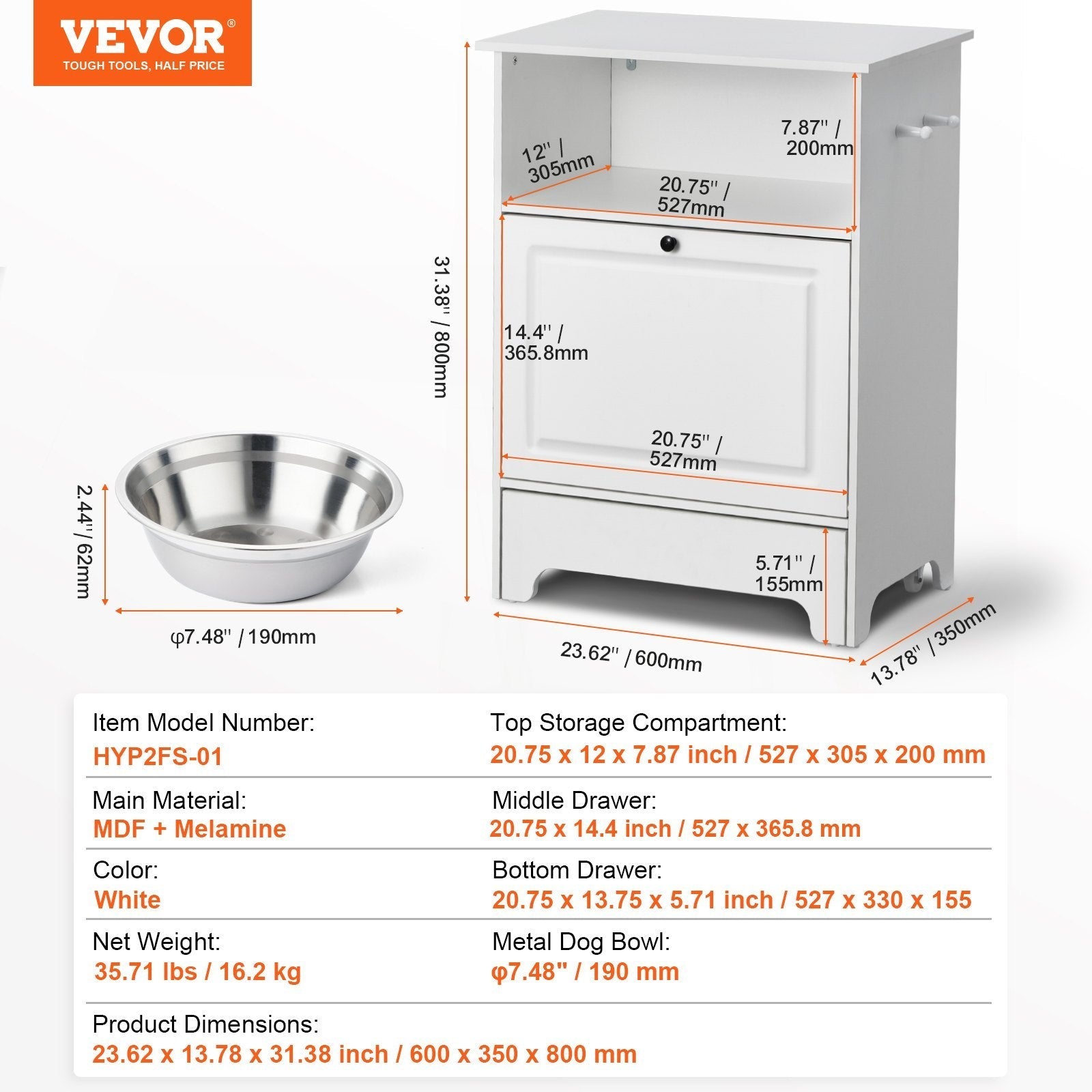 VEVOR Pet Feeding Station W 2 Elevated Dog Bowls Dog Food & Toy Storage Cabinet - Mijn winkel