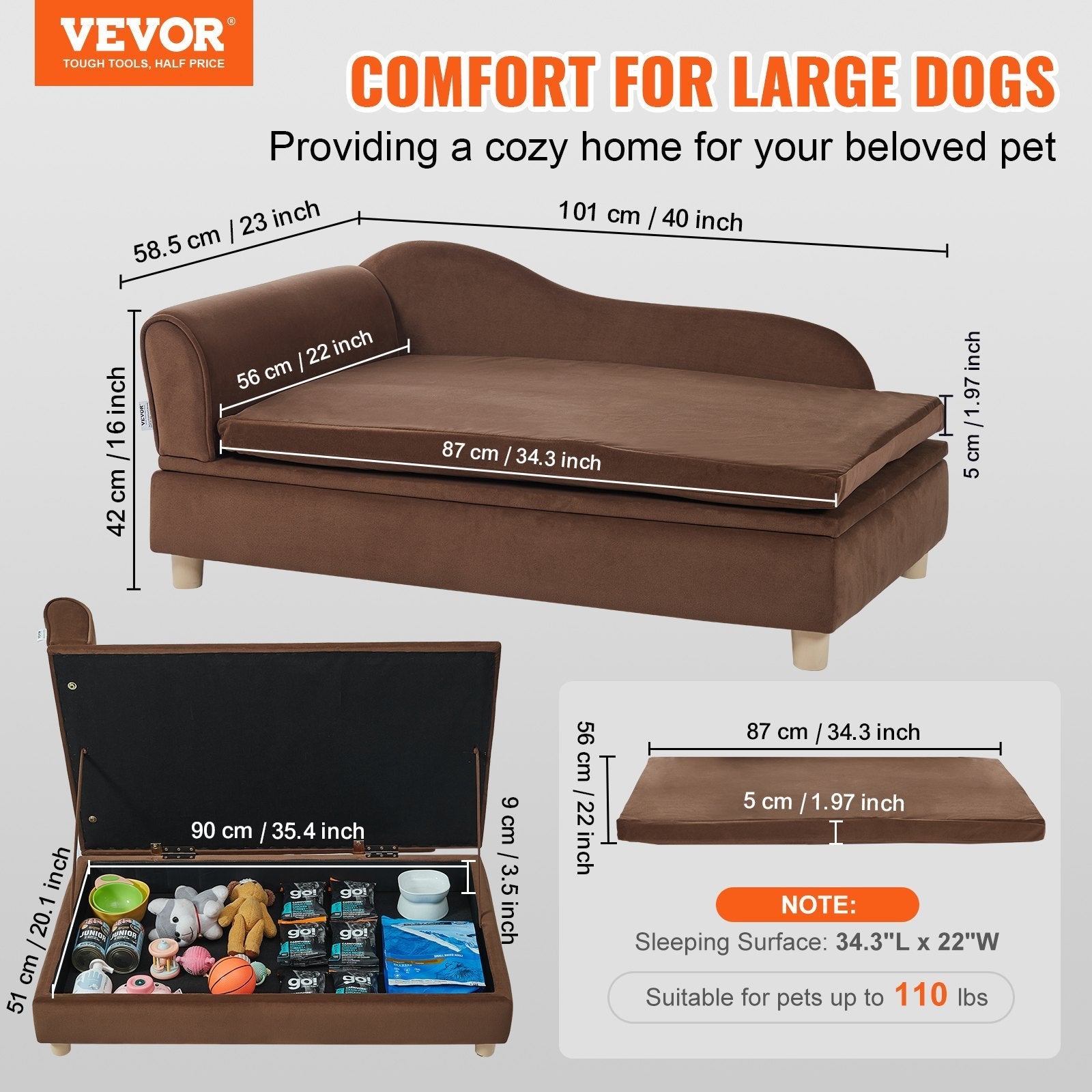 VEVOR Pet Sofa, Dog Couch For Large - Sized Dogs And Cats, Soft Velvety Dog Sofa Bed, 110 Lbs Loading Cat Sofa, Dark Brown - Mijn winkel